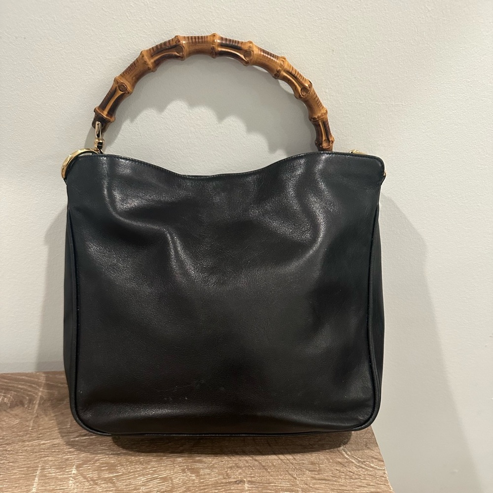 Vintage GUCCI Bamboo Black Leather Satchel Tote - Picture 2 of 14